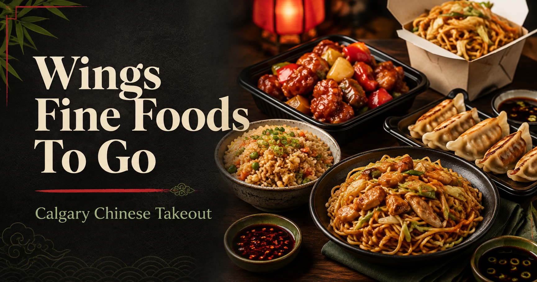 Chinese takeout dishes and online ordering message